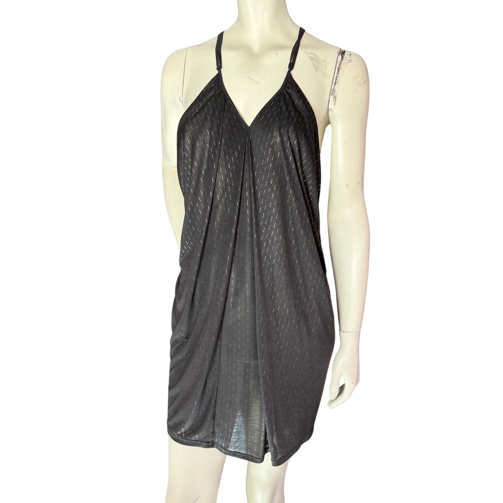 LUX Mini Dress Black Metallic Pinstripe Draped Racerback‎ Y2K Disco Party Small
